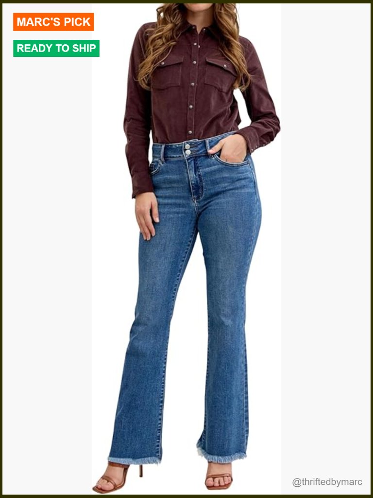 High Waist Bootcut Jeans Stretch Denim Fray Hem 32 Inseam
